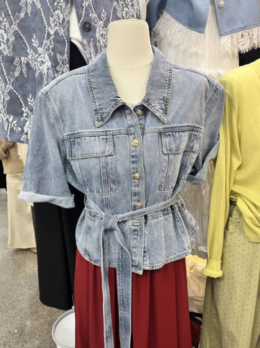 2024 spring and summer new Korean style single-breasted lace-up waist versatile retro casual denim short jacket