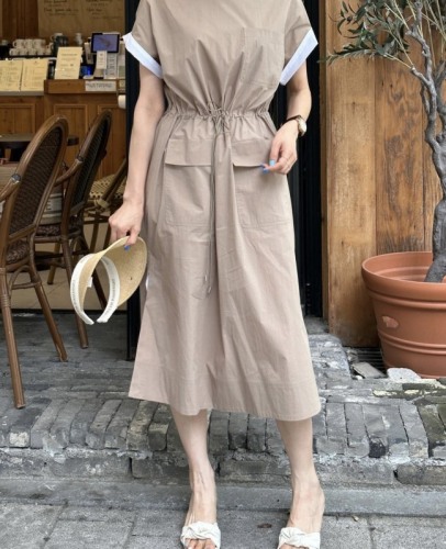 Korean simple elastic waisted short-sleeved dress