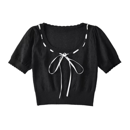 2024夏季美式拼色织带系带镂空甜美减龄圆领短袖针织短款T恤上衣