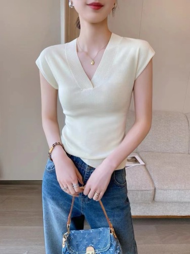 PINKEEN米白色V领短袖针织衫女夏季2024新款修身显瘦时尚洋气上衣