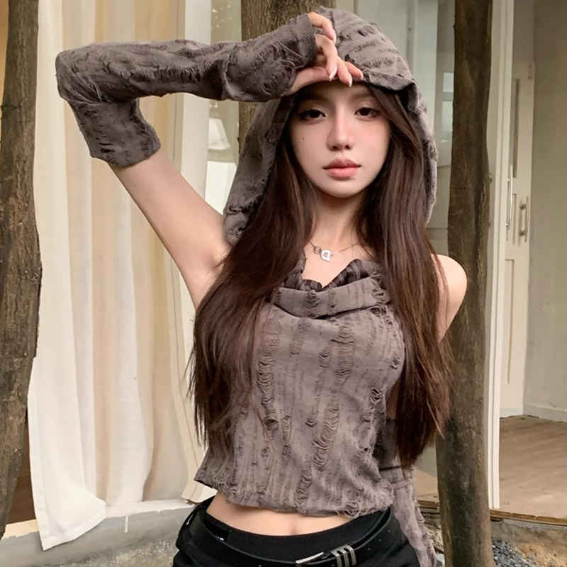 Wasteland style sweet hottie short sleeve top women's spring and summer ripped vest hooded bottoming shirt T-shirt