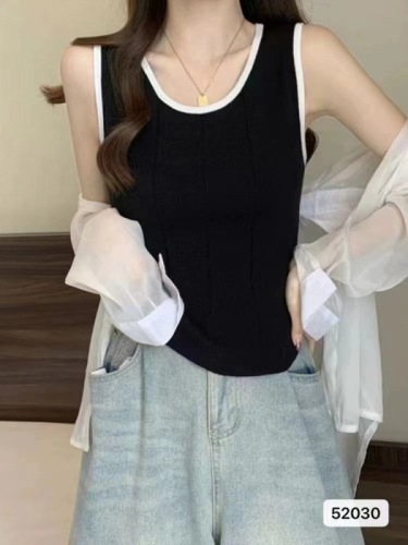 2024 new summer style fashionable round neck contrasting edge curved loose pit strip ins trendy versatile slimming knitted vest a