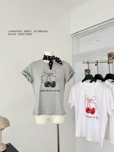 实拍 韩国新款甜美韩系小樱桃印花气质减龄百搭蝴蝶结短袖T恤上衣