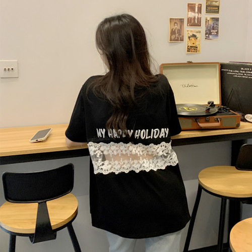 2024夏季韩版设计感蕾丝拼接短袖T恤女网红镂空露背宽松上衣ins潮