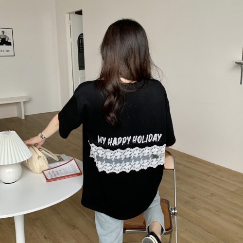 2024夏季韩版设计感蕾丝拼接短袖T恤女网红镂空露背宽松上衣ins潮