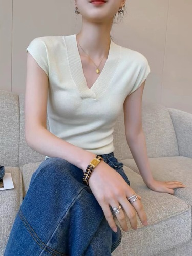 PINKEEN米白色V领短袖针织衫女夏季2024新款修身显瘦时尚洋气上衣