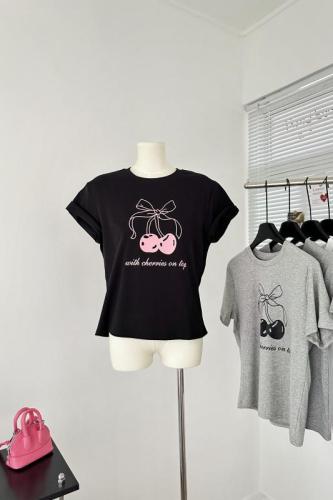 实拍 韩国新款甜美韩系小樱桃印花气质减龄百搭蝴蝶结短袖T恤上衣