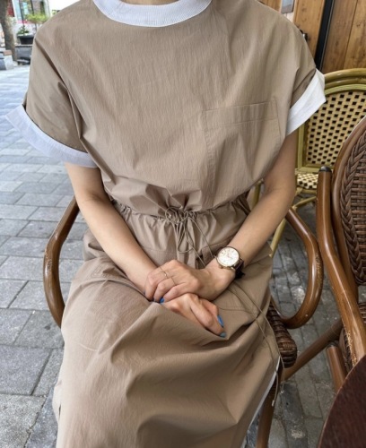 Korean simple elastic waisted short-sleeved dress