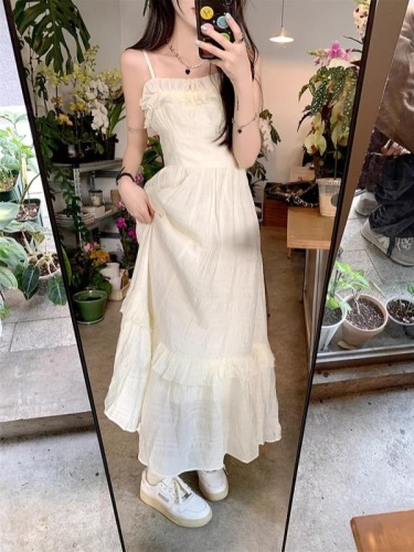 已出货夏季新款女高端精致小白裙吊带连衣裙子长裙小个子法式仙女