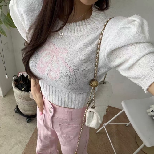 2024 Korean summer new style solid color thin shoulder pad printed round neck sweater