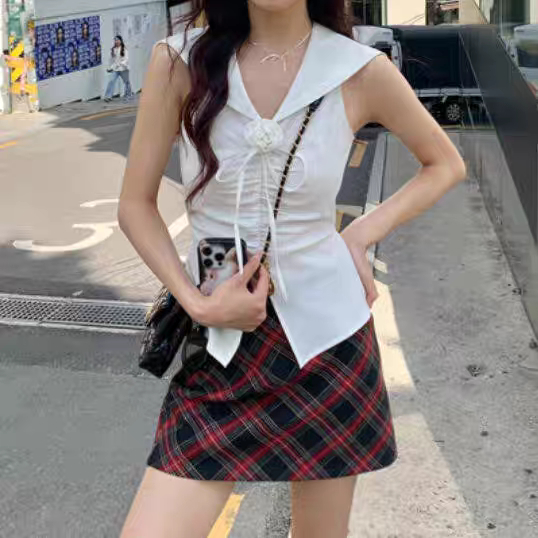韓版時尚新款修身 海軍領削肩褶皺背心女無袖收腰上衣ins潮超會