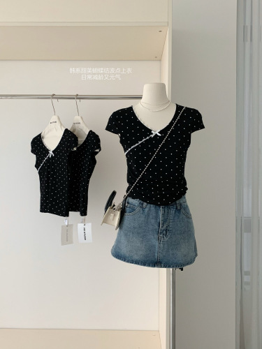 CallmeEar//miu系波点短袖上衣法式少女纯欲甜美v领T恤女夏季