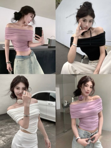 Real shot of Xia Pure Sexy Hot Girl Style One Shoulder Short Sleeve T-shirt Women's Slim Elastic Short Flower Top