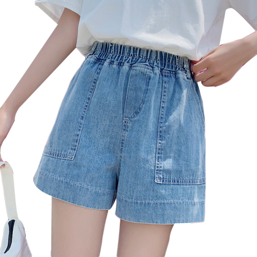 Real shot of five-point denim shorts, pure cotton denim, large size fat women, high waist, thin, loose, wide-leg pants for small people