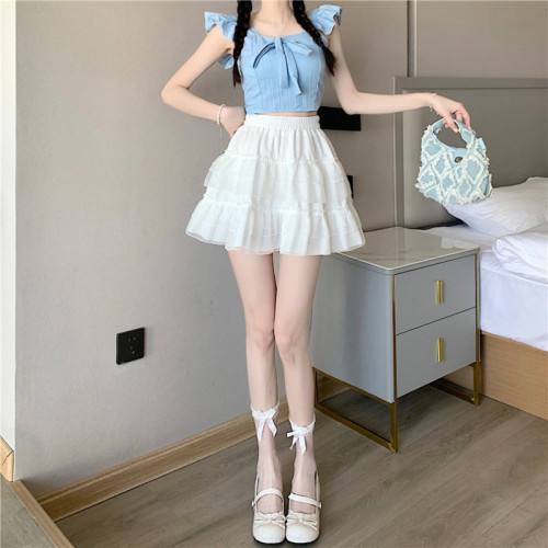 Real photo of lace cake A-line short skirt high waist white mesh skirt for women