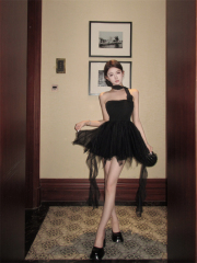 實拍 掛脖針織不規則網紗抹胸辣妹連衣裙女