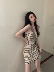 Women's Summer 2024 New Striped Medium-Length Bodycon Knit Dress with Invisible Straps