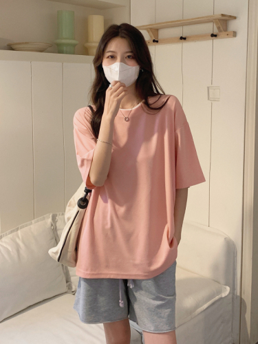 Real shot of large size waffle short-sleeved T-shirt for women in summer loose and versatile round neck fake two-piece half-sleeved top