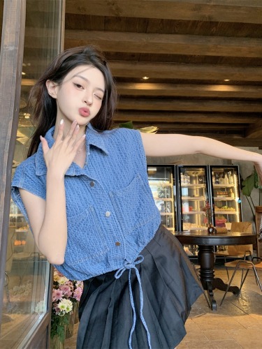Actual shot of Korean chic summer French lapel single-breasted pocket design sleeveless waistcoat denim jacket