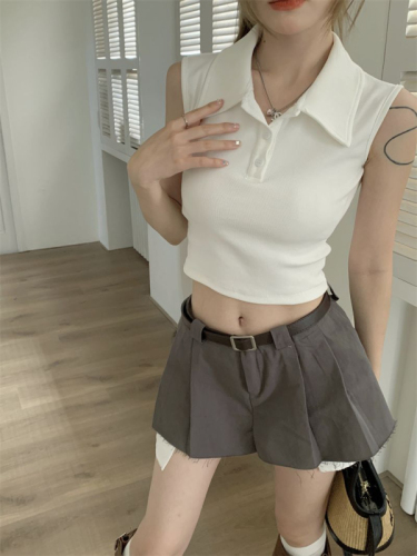 女装夏季辣妹露脐修身短款显瘦上衣复古设计感polo领钮扣无袖T恤