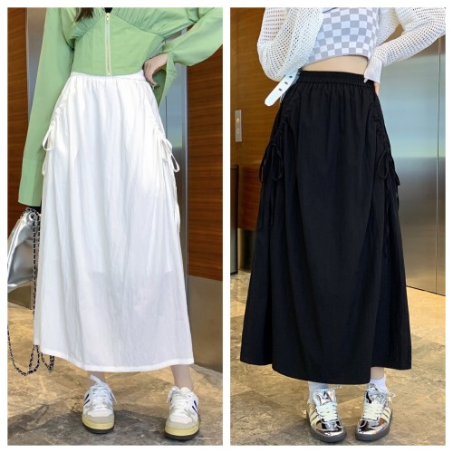 Large size casual women's summer fashion lace-up drawstring pocket A-line skirt that covers the flesh and looks slim