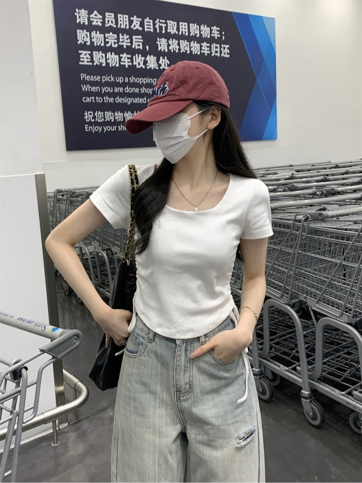 實拍 夏季韓版方領純色抽繩百搭含胸墊純棉短袖T恤上衣女