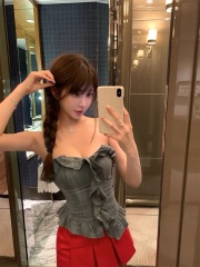 韓雨嘉美式復古抹胸女春2024新款荷葉邊設計感緊身帶胸墊辣妹上衣