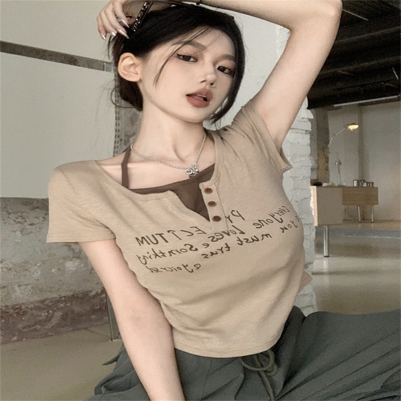 夏季新款修身打底衫內搭短款上衣美式辣妹綁帶掛脖假兩件T恤女裝