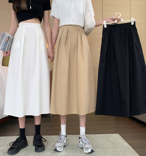 Actual shot ~ High-waisted skirt for women 2024 spring and summer versatile slimming crotch-covering mid-length skirt for small people A-line skirt