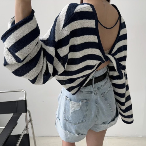 24 spring and summer chci Korean striped sun protection long-sleeved T-shirt knitted sweater design backless air-conditioning shirt 6227