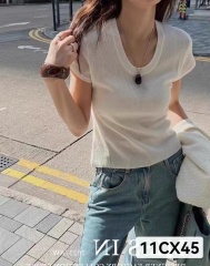 歐洲站2024年春季新款簡約風純色U領高彈力顯瘦百搭針織上衣