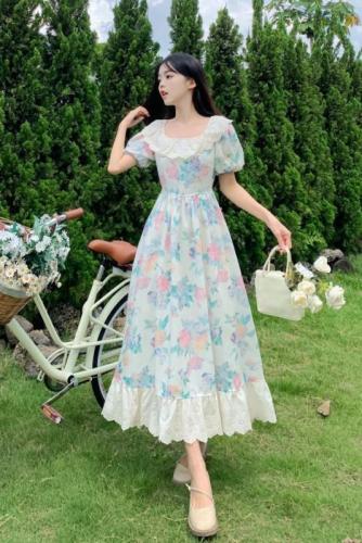 Plus size summer platycodon French floral square neck dress ruffles temperament waist slimming forest style imperial sister long skirt