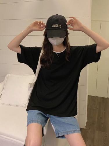 Real shot of large size waffle short-sleeved T-shirt for women in summer loose and versatile round neck fake two-piece half-sleeved top