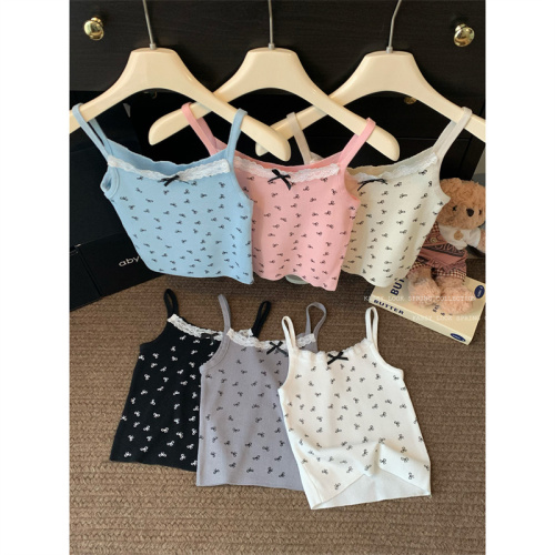 Sweet style lace edge bow camisole women's summer elastic slim short top