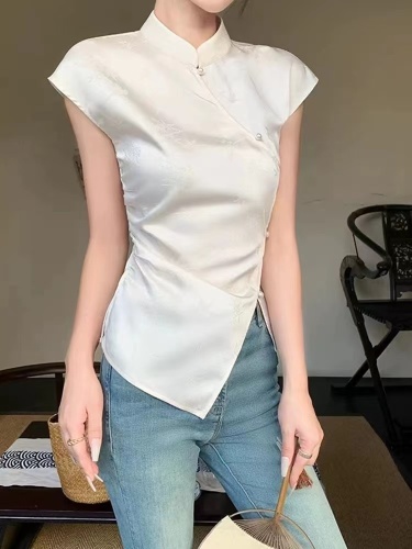 米白色无袖新中式国风T恤女2024夏季新款修身显瘦设计感别致上衣