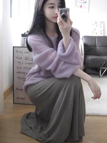 Gentle purple mohair sweater for women spring and summer loose outer wear lazy style soft waxy sweater pullover blouse top