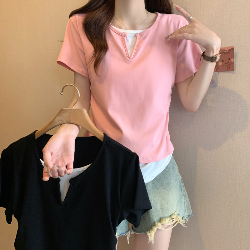 實拍大碼女裝設計感假兩件正肩短袖T恤女夏季新款日系上衣潮