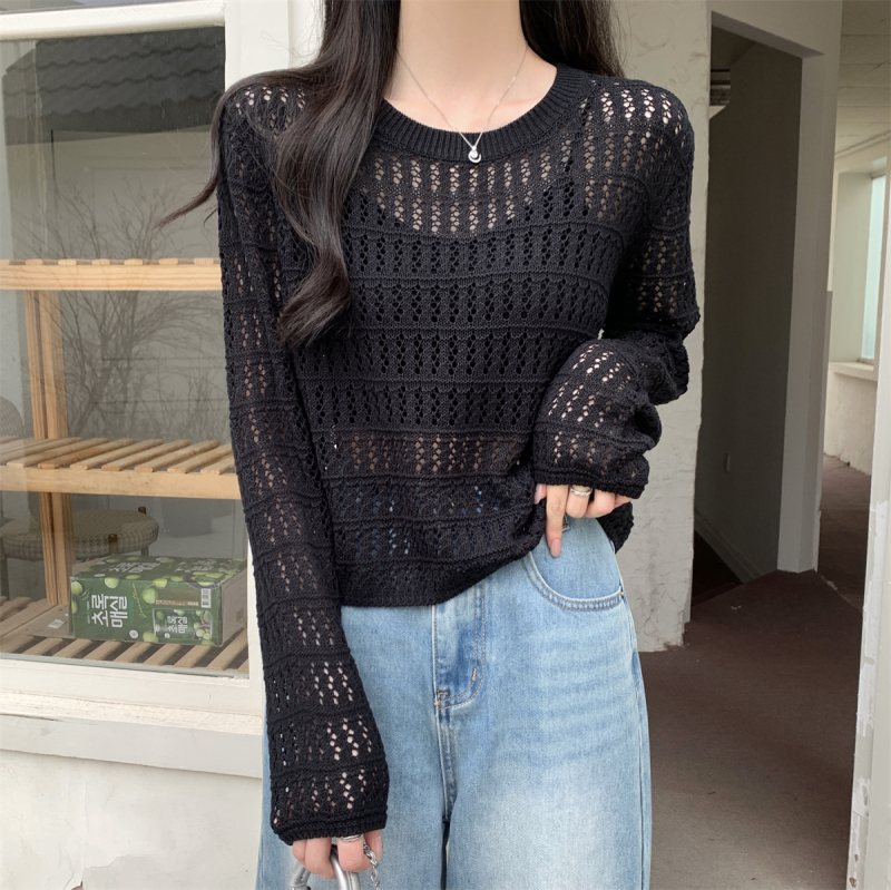 實拍 夏季韓版寬鬆鏤空薄款防曬百搭罩衫長袖針織上衣女