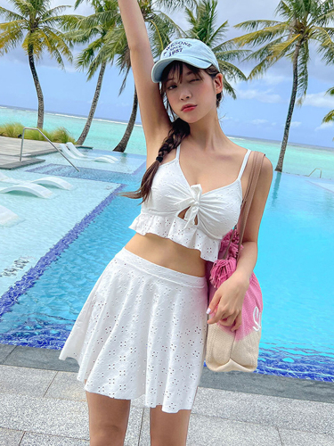 2024 New White Split Skirt Small Breast Gathering Sexy Suspender Ruffled Slim Hot Spring Swimsuit for Women Summer