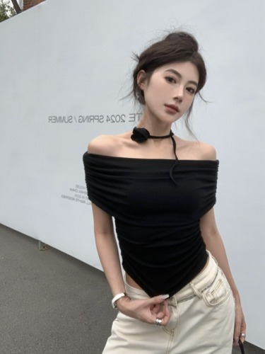 Real shot of Xia Pure Sexy Hot Girl Style One Shoulder Short Sleeve T-shirt Women's Slim Elastic Short Flower Top