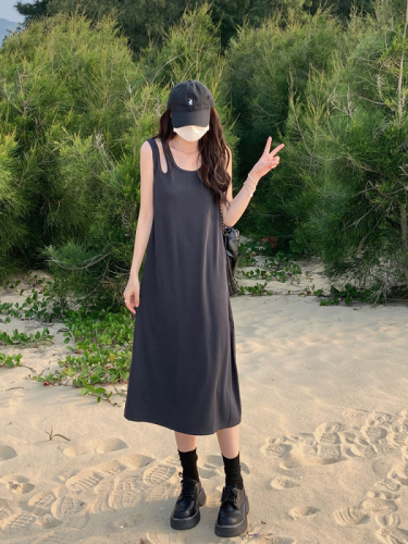 Real shot of new summer plus size women's Korean style off-shoulder A version slim and versatile vest long dress