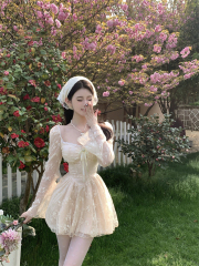Photographed Square Neck Long Sleeve Lace High-Waist Slimming A-Line Dress with Flowers