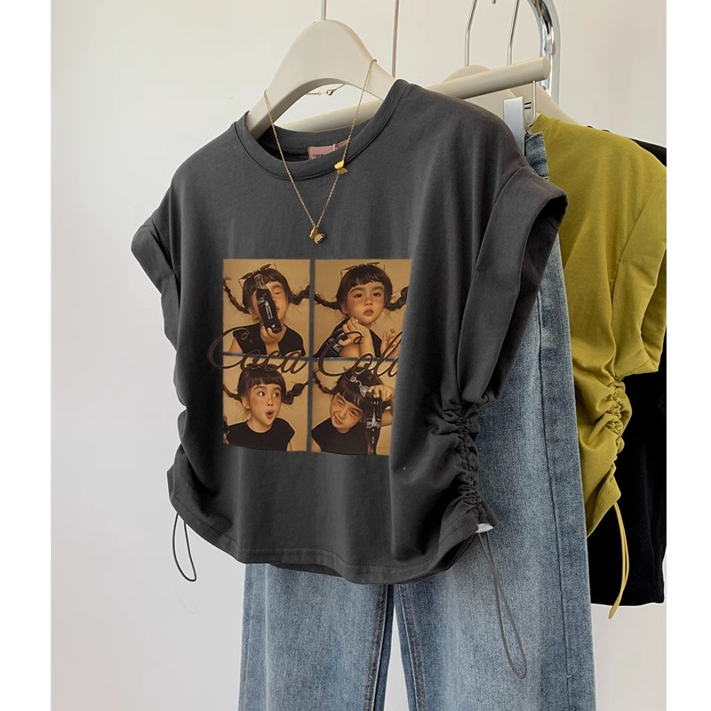 40 count 92 cotton 8 spandex 210g back collar printed T-shirt women's drawstring waist pure cotton chic short top