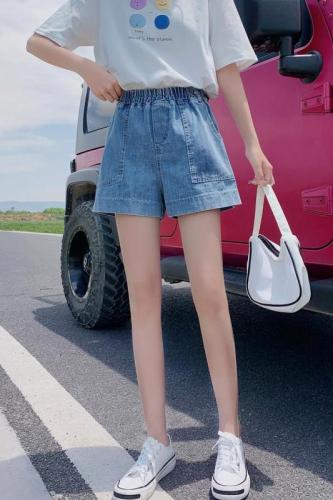 Real shot of five-point denim shorts, pure cotton denim, large size fat women, high waist, thin, loose, wide-leg pants for small people