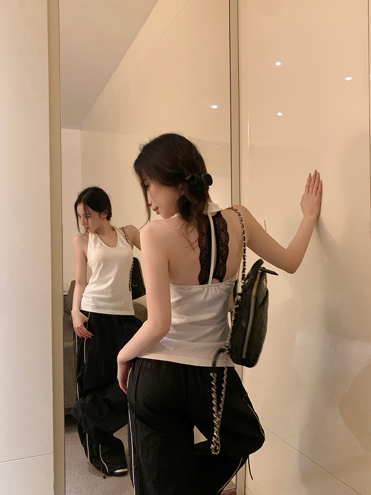 Real shot black and white piano keys white back lace vest female pure desire sexy hot girl top