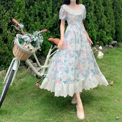 Plus size summer platycodon French floral square neck dress ruffles temperament waist slimming forest style imperial sister long skirt