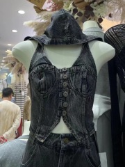 復古辣妹露背掛脖連帽背心女夏新款小眾別致修身顯瘦無袖牛仔上衣