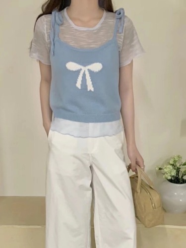 韩版蝴蝶结针织吊带背心女夏季新款减龄薄款显瘦短袖T恤两件套装