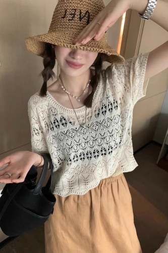 2024 new style hollow short-sleeved women's loose crochet sweater summer short air-conditioning blouse thin sun protection top trendy
