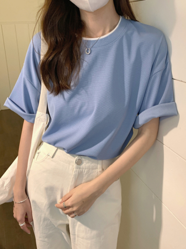 Real shot of large size waffle short-sleeved T-shirt for women in summer loose and versatile round neck fake two-piece half-sleeved top